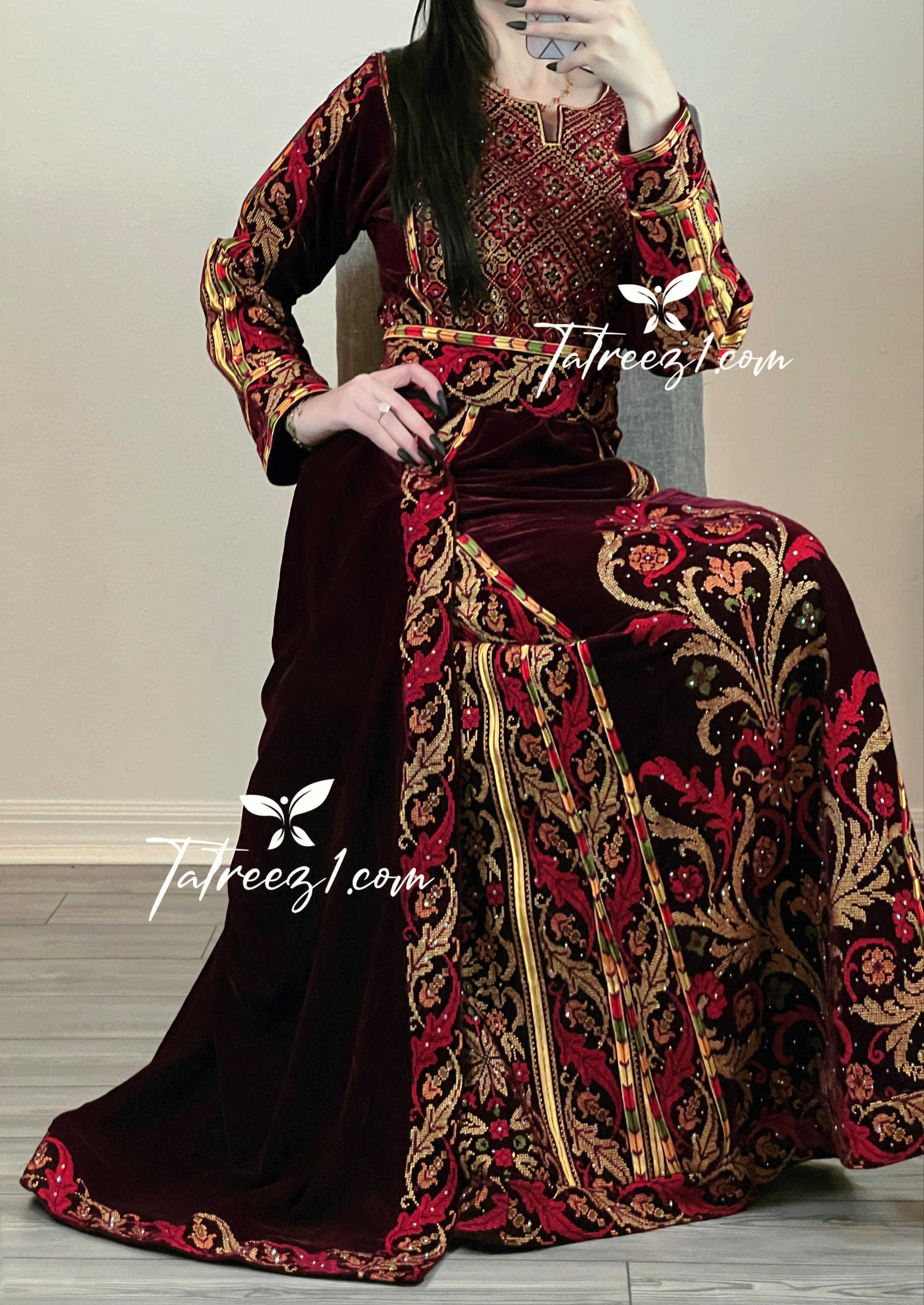 Maroon Stunning Velvet Thoub With Removable Skirt
