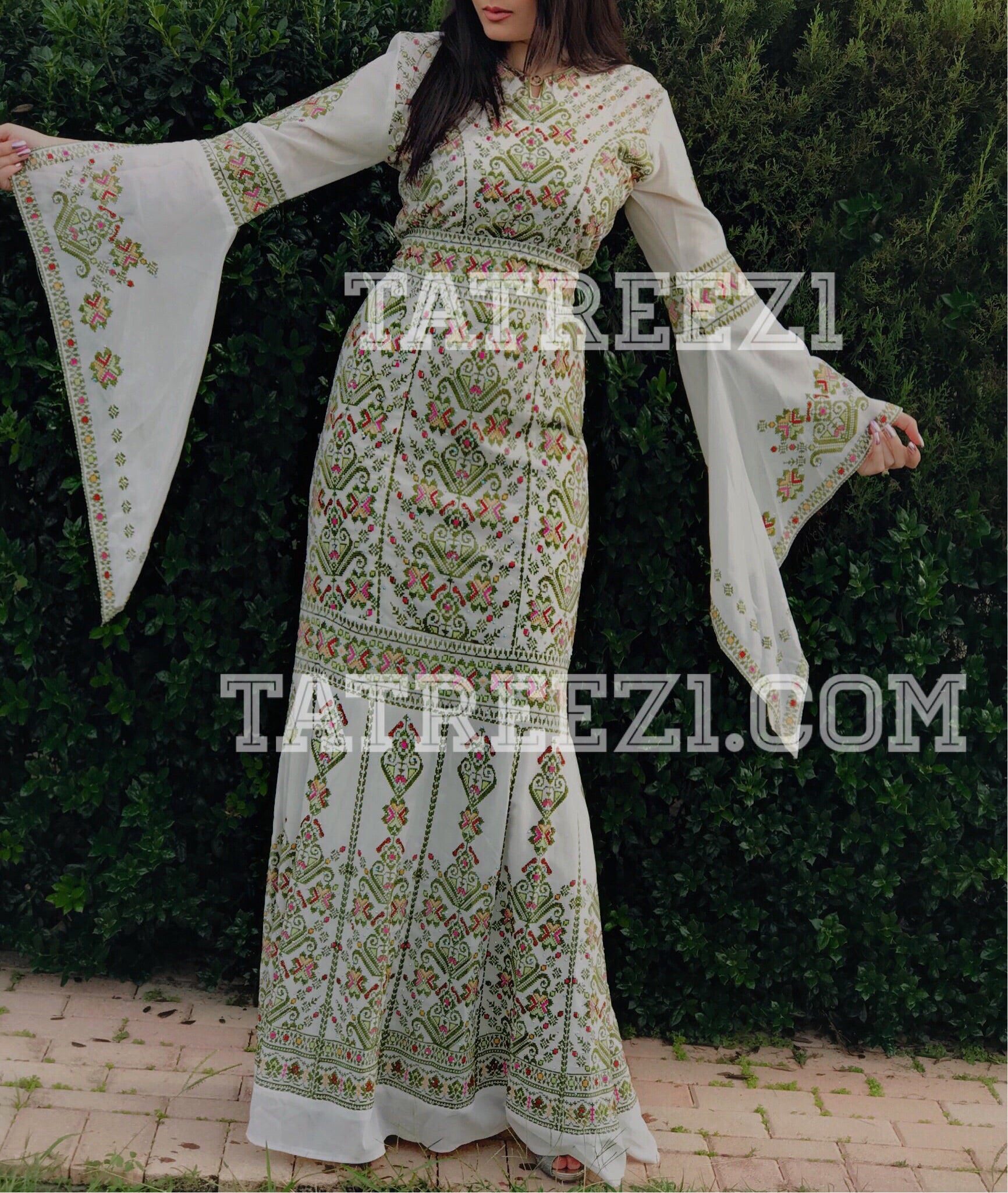 Miss Princess Off White With Green Embroidery Long Thoub Dress