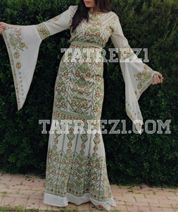 Miss Princess Off White With Green Embroidery Long Thoub Dress