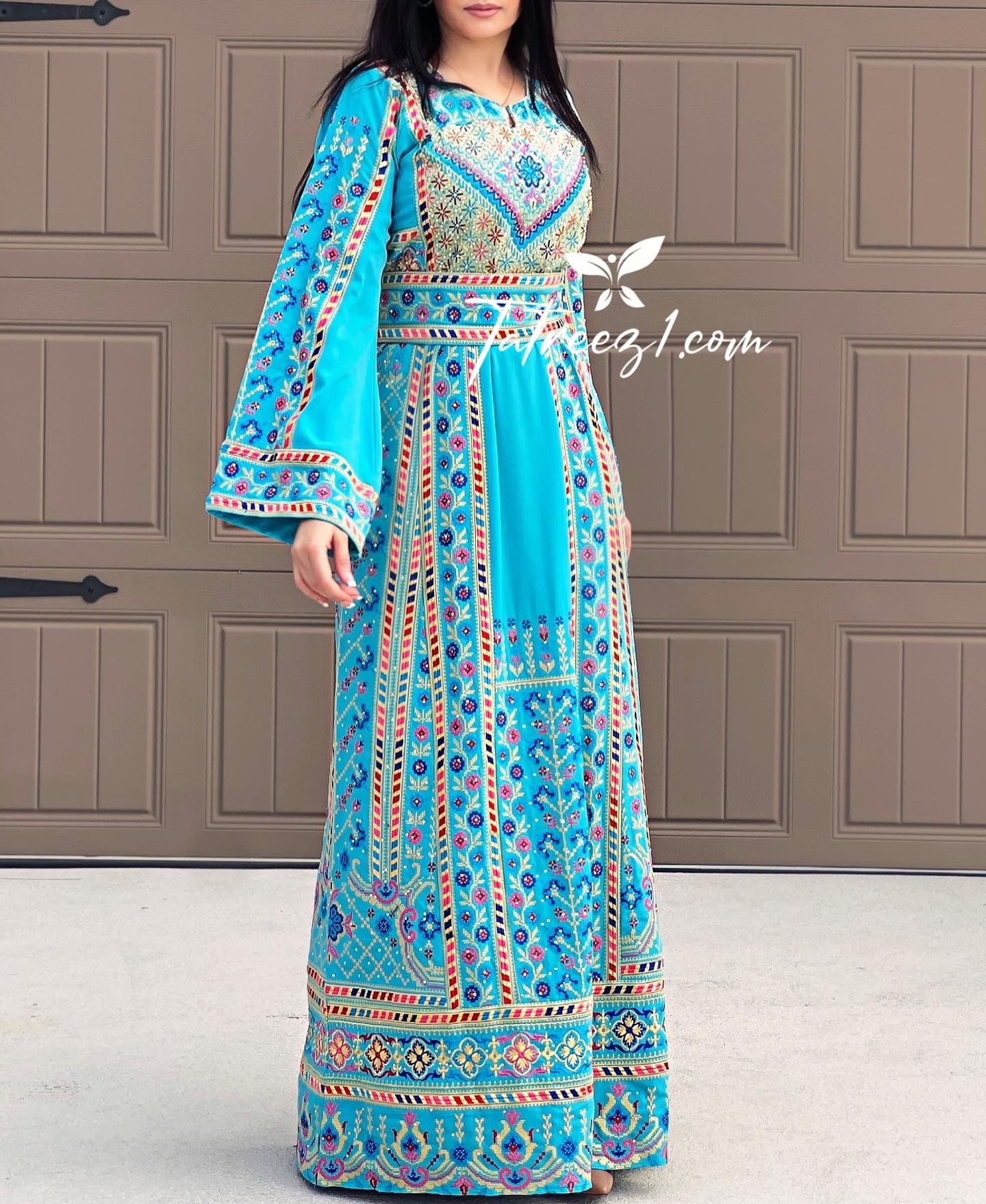 Turquoise Traditional Embroidery Thoub Stone Wide Sleeve Elegant