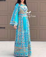 Load image into Gallery viewer, Turquoise Traditional Embroidery Thoub Stone Wide Sleeve Elegant
