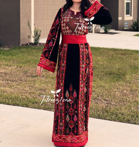 Red Traditional  Thoub  Embroidery Stone  Thobe with Matching Embroidery Belt