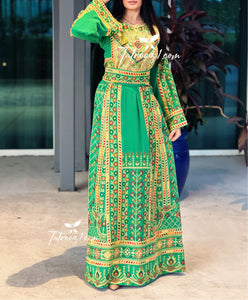 Stunning Green Traditional Embroidery Thoub Stone Wide Sleeve Elegant