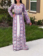 Load image into Gallery viewer, Purple Embroidery Stunning Kashmir Sleeve with Reversible Belt Stone Thobe
