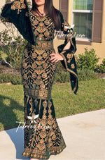 Load image into Gallery viewer, Green Luxury Mermaid Gold Embroidery Velvet Thoub
