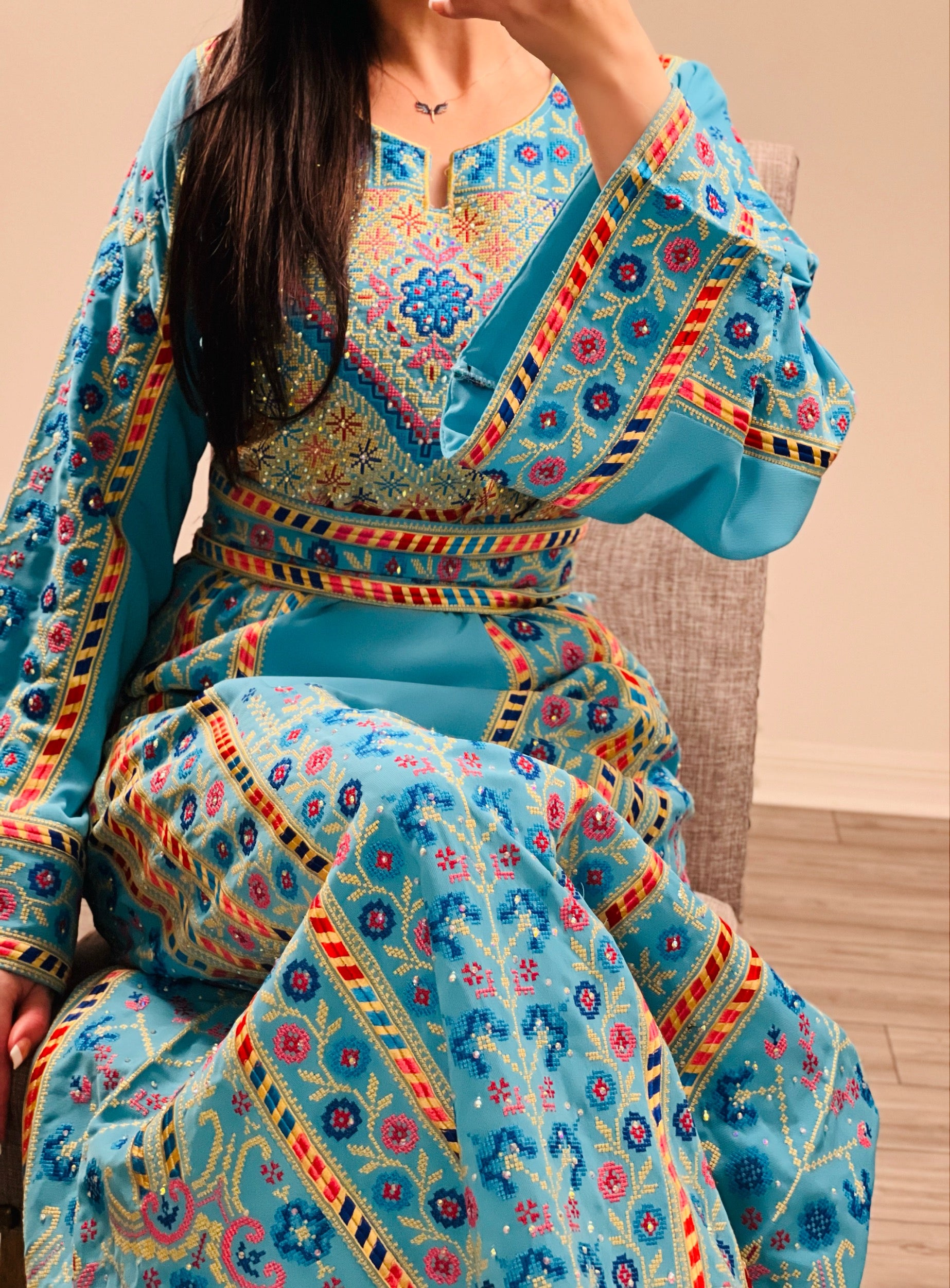 Turquoise Traditional Embroidery Thoub Stone Wide Sleeve Elegant