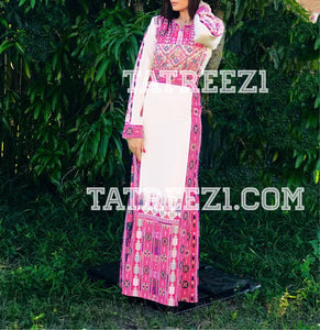 Pink Tatreez Traditional Palestinian Thoub Embroidery Dress