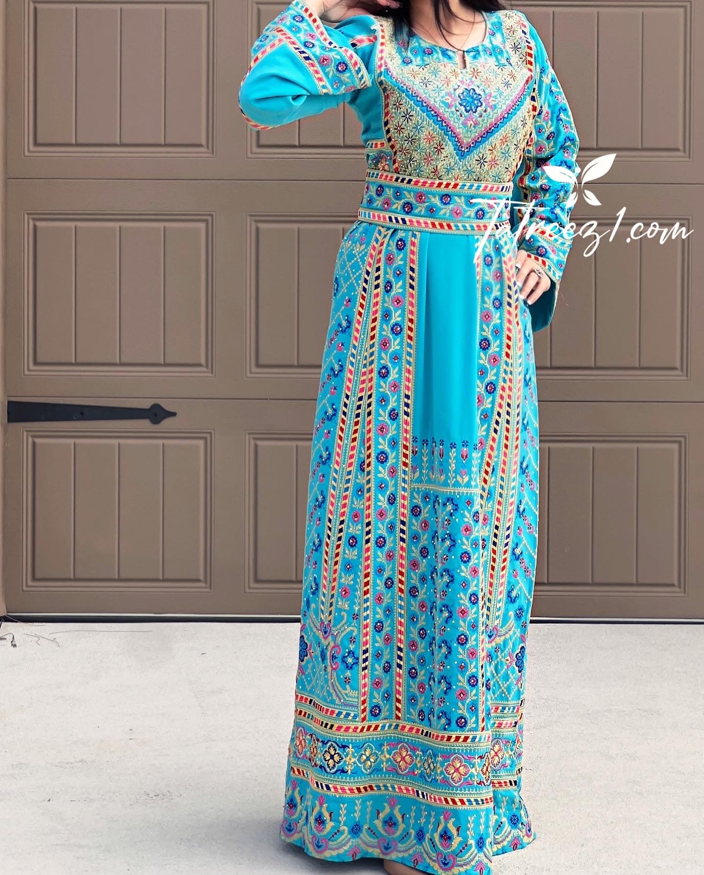 Turquoise Traditional Embroidery Thoub Stone Wide Sleeve Elegant