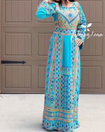 Load image into Gallery viewer, Turquoise Traditional Embroidery Thoub Stone Wide Sleeve Elegant
