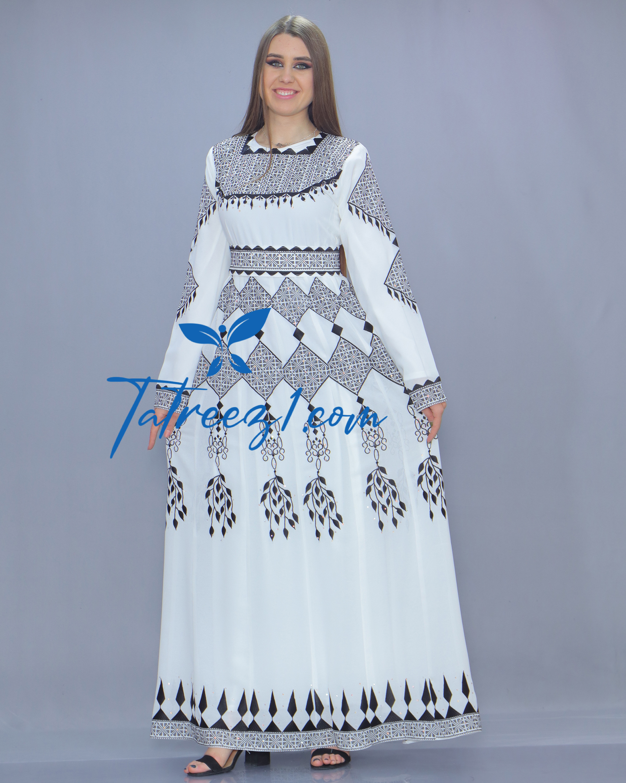 Stunning Chiffon White & Black Embroidery Long Maxi Thoub