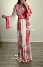 Load image into Gallery viewer, Traditional Red Embroidery Thoub Stone Wide Sleeve Elegant with Reversible Belt
