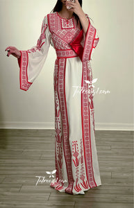 Traditional Red Embroidery Thoub Stone Wide Sleeve Elegant with Reversible Belt