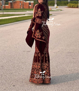 Maroon Luxury Mermaid Embroidery Velvet Thoub