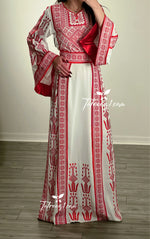 Load image into Gallery viewer, Traditional Red Embroidery Thoub Stone Wide Sleeve Elegant with Reversible Belt
