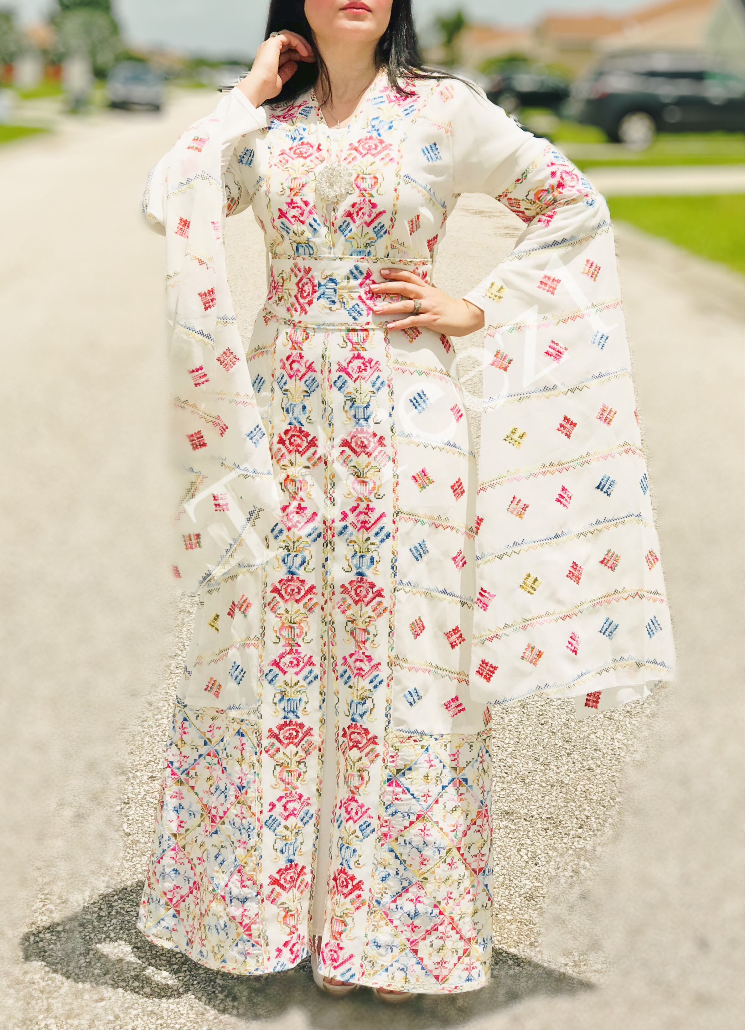 Modest Draped Sleeve flowers Embroidery 2 PC Dress