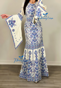 Cream Luxury Mermaid Blue Embroidery Velvet Thoub