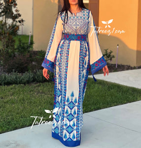 Off white Traditional Thoub Blue Embroidery Wide Sleeve Elegant with Reversible Belt I