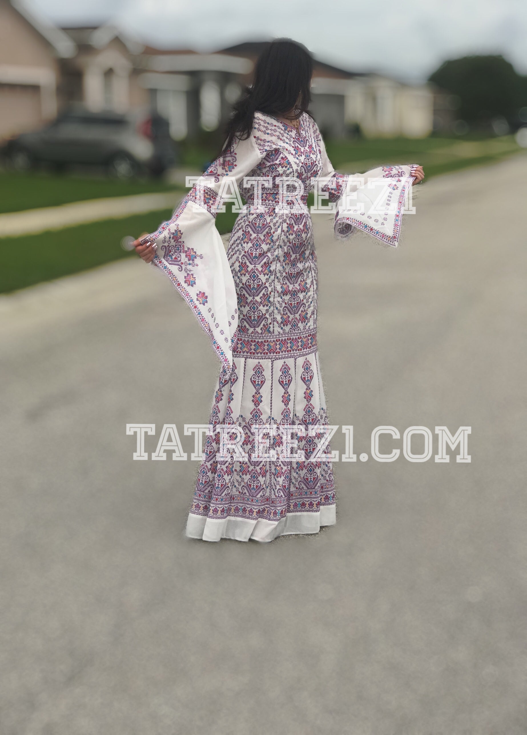 Miss Princess Off White With Purple Embroidery Long Thoub Dress