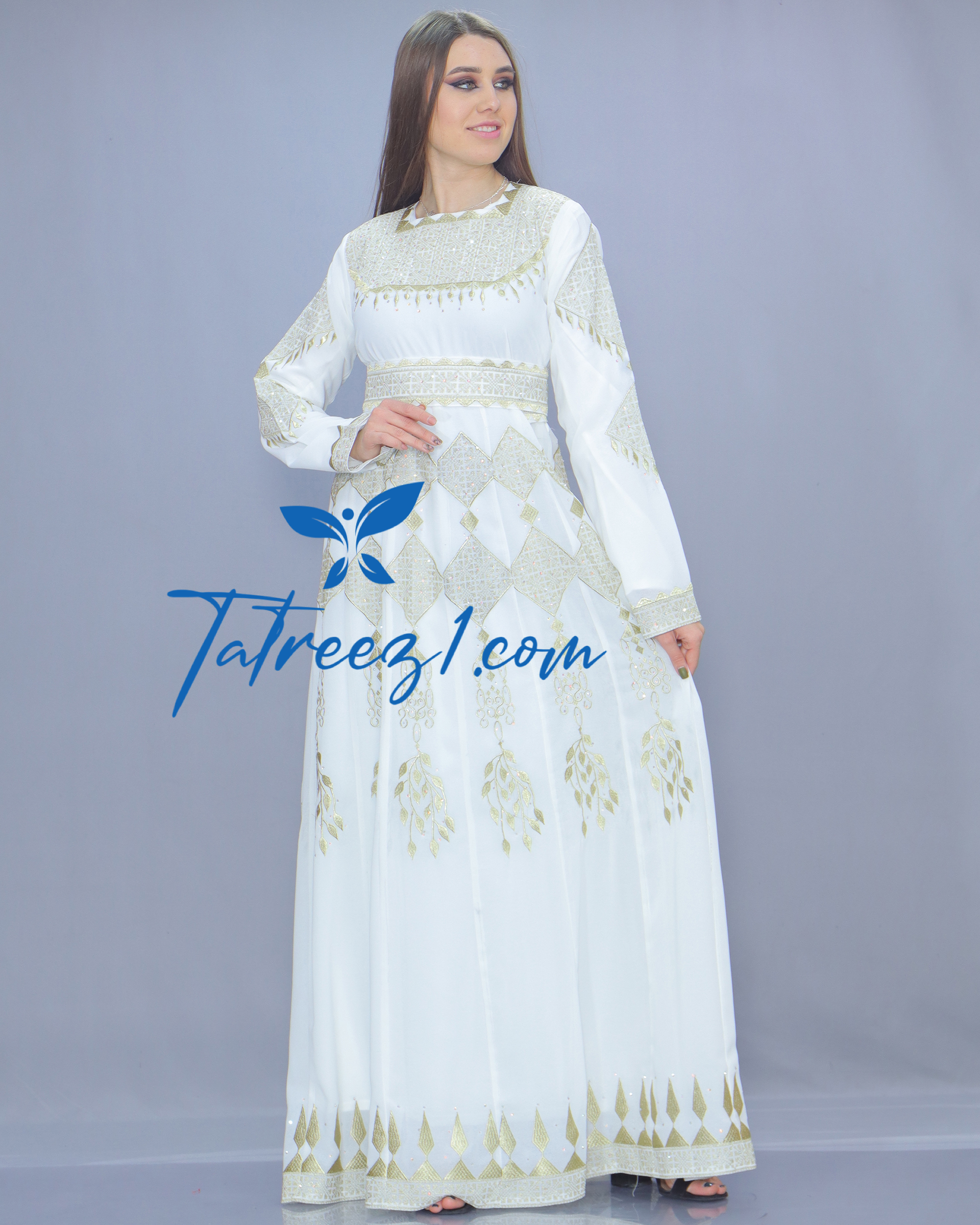 Stunning Chiffon White & Gold  Embroidery Long Maxi Thoub