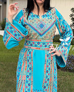 Load image into Gallery viewer, Turquoise Traditional Embroidery Thoub Stone Wide Sleeve Elegant
