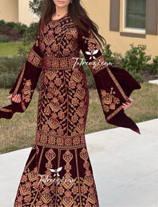 Maroon Luxury Mermaid Embroidery Velvet Thoub