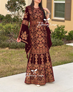 Maroon Luxury Mermaid Embroidery Velvet Thoub