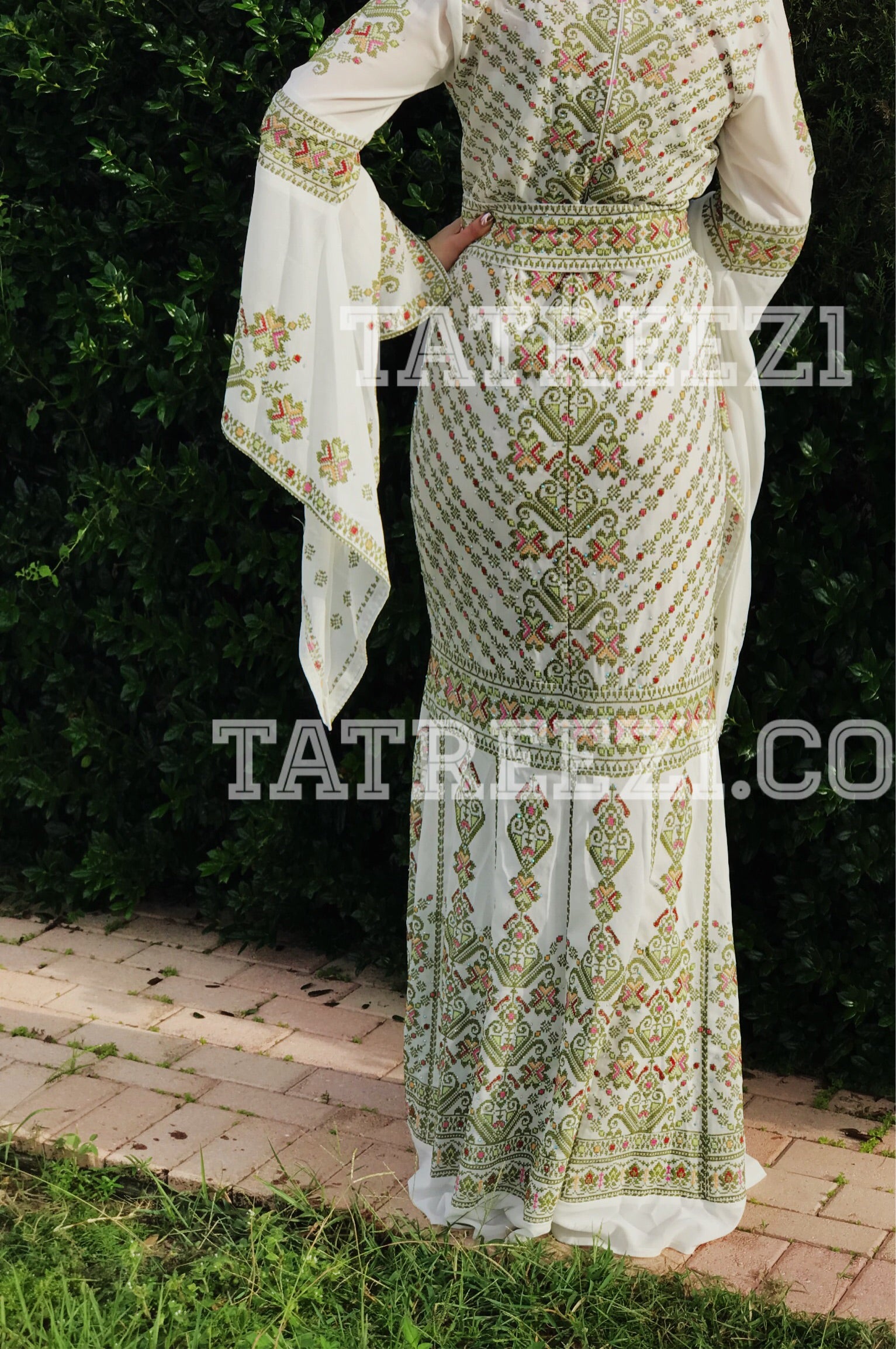 Miss Princess Off White With Green Embroidery Long Thoub Dress