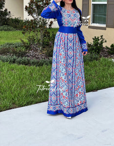 Blue Fully Embroidered  Thoub Dress with Reversible Belt