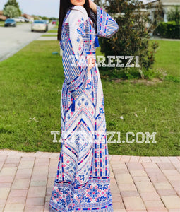 Blue/White Traditional Kashmir Embroidered Palestinian Fellahi Thobe