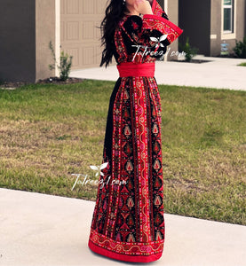 Red Traditional  Thoub  Embroidery Stone  Thobe with Matching Embroidery Belt