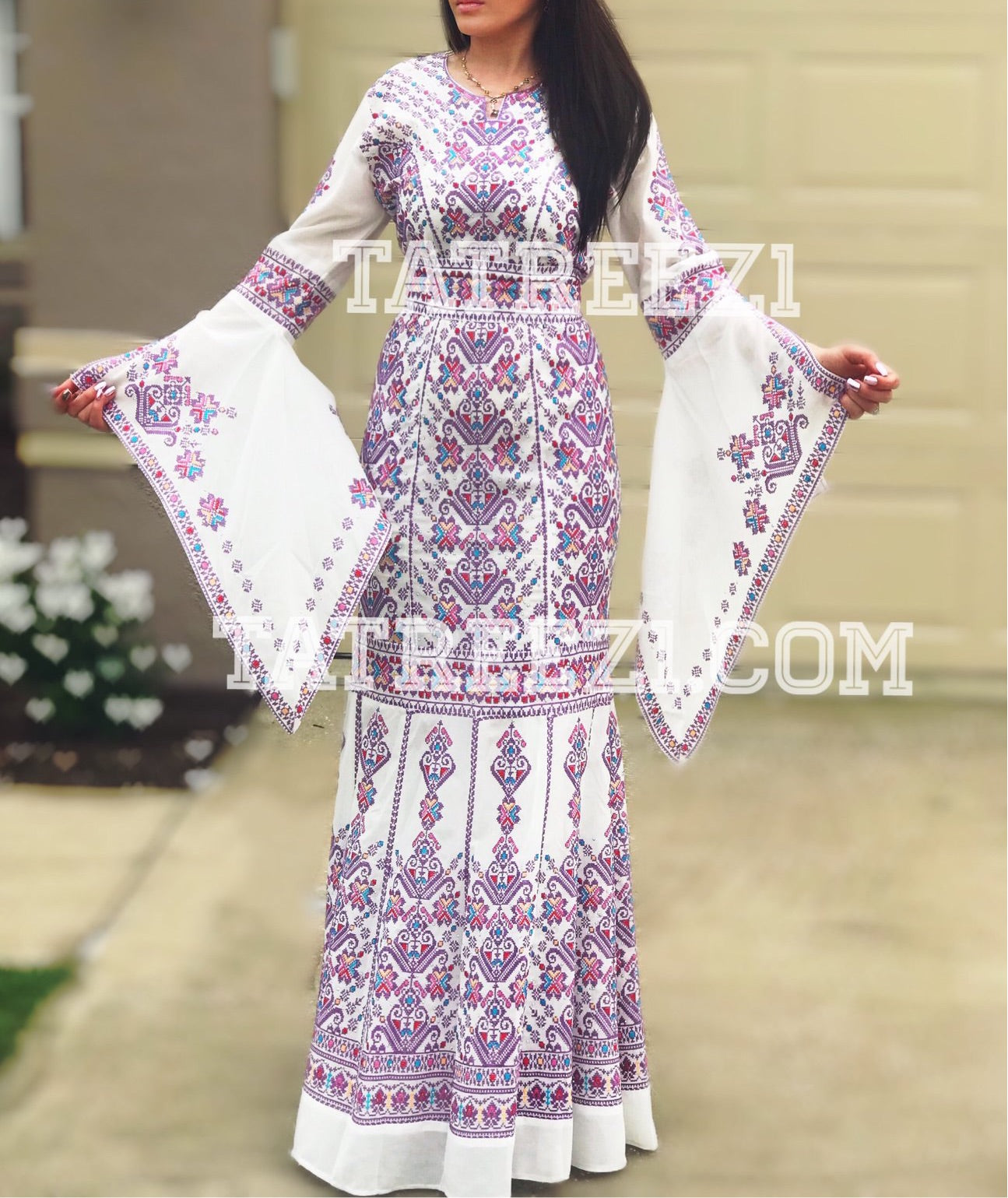 Miss Princess Off White With Purple Embroidery Long Thoub Dress