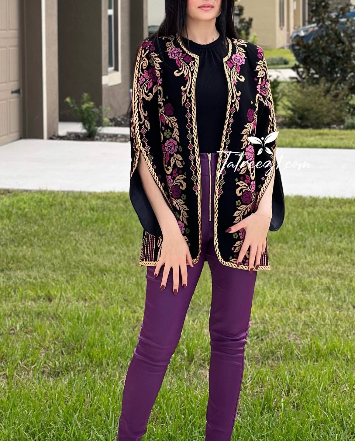 Stunning Long Jacket Purple Flowers Embroidery