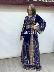 Blue Embroidery Velvet Stones  Long Thoub