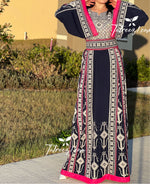 Load image into Gallery viewer, Navy Embroidery Qasab Thoub  Wide Sleeve Elegant with Reversible Belt
