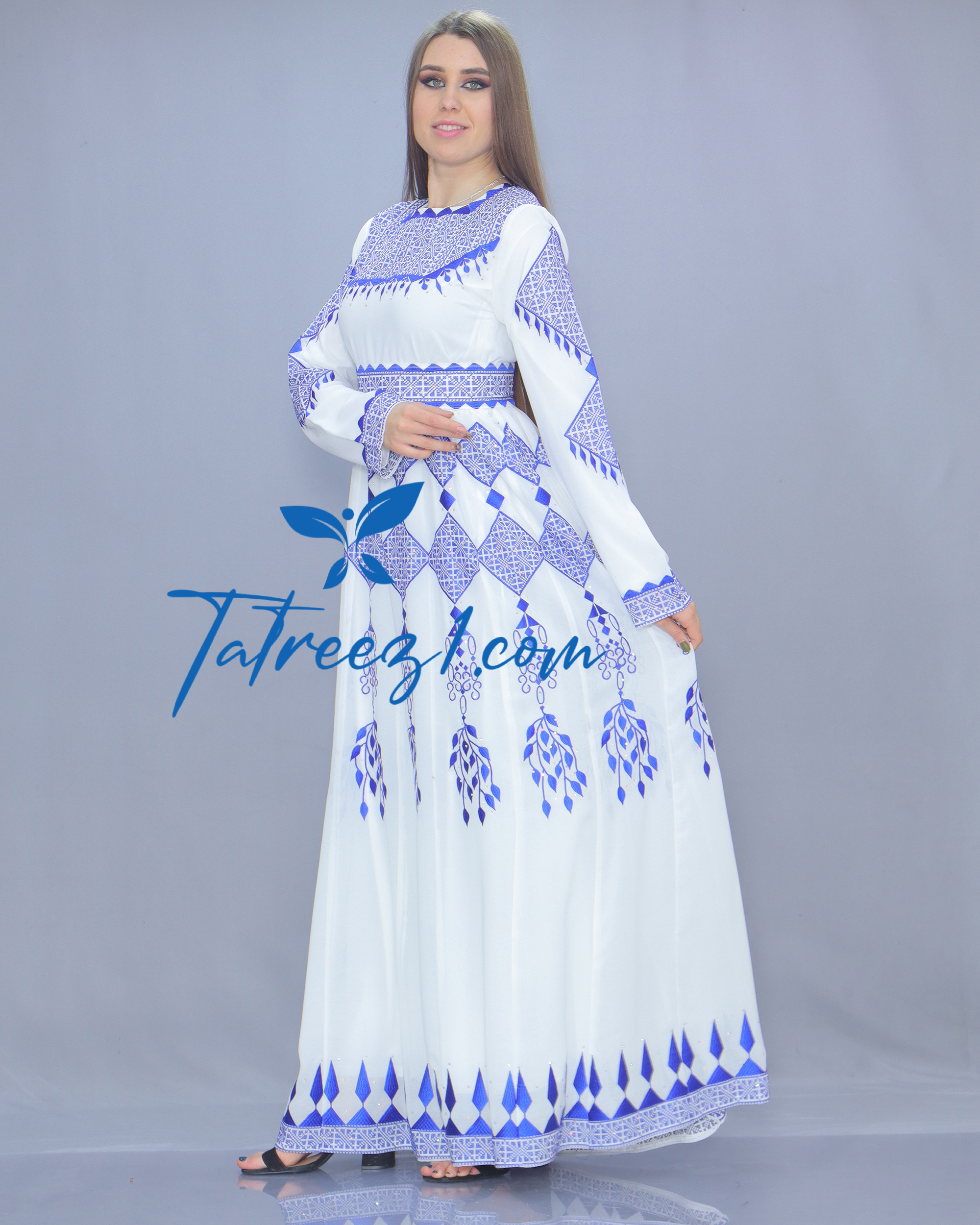 Stunning Chiffon White& Blue Embroidery Long Maxi Thoub