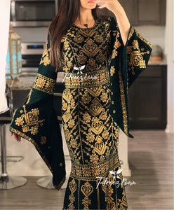 Green Luxury Mermaid Gold Embroidery Velvet Thoub