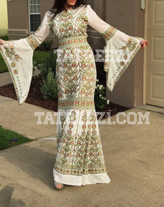 Miss Princess Off White With Green Embroidery Long Thoub Dress