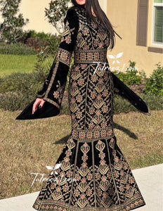 Black Luxury Mermaid Gold Embroidery Velvet Thoub