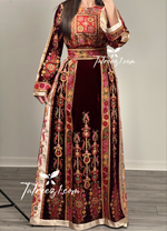 Load image into Gallery viewer, Th Maroon Velvet Malacca Embroidered Palestinian Fellahi Thobe
