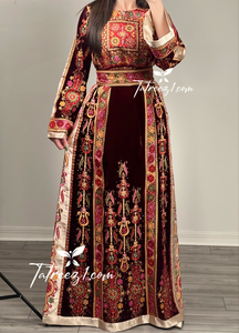 Th Maroon Velvet Malacca Embroidered Palestinian Fellahi Thobe