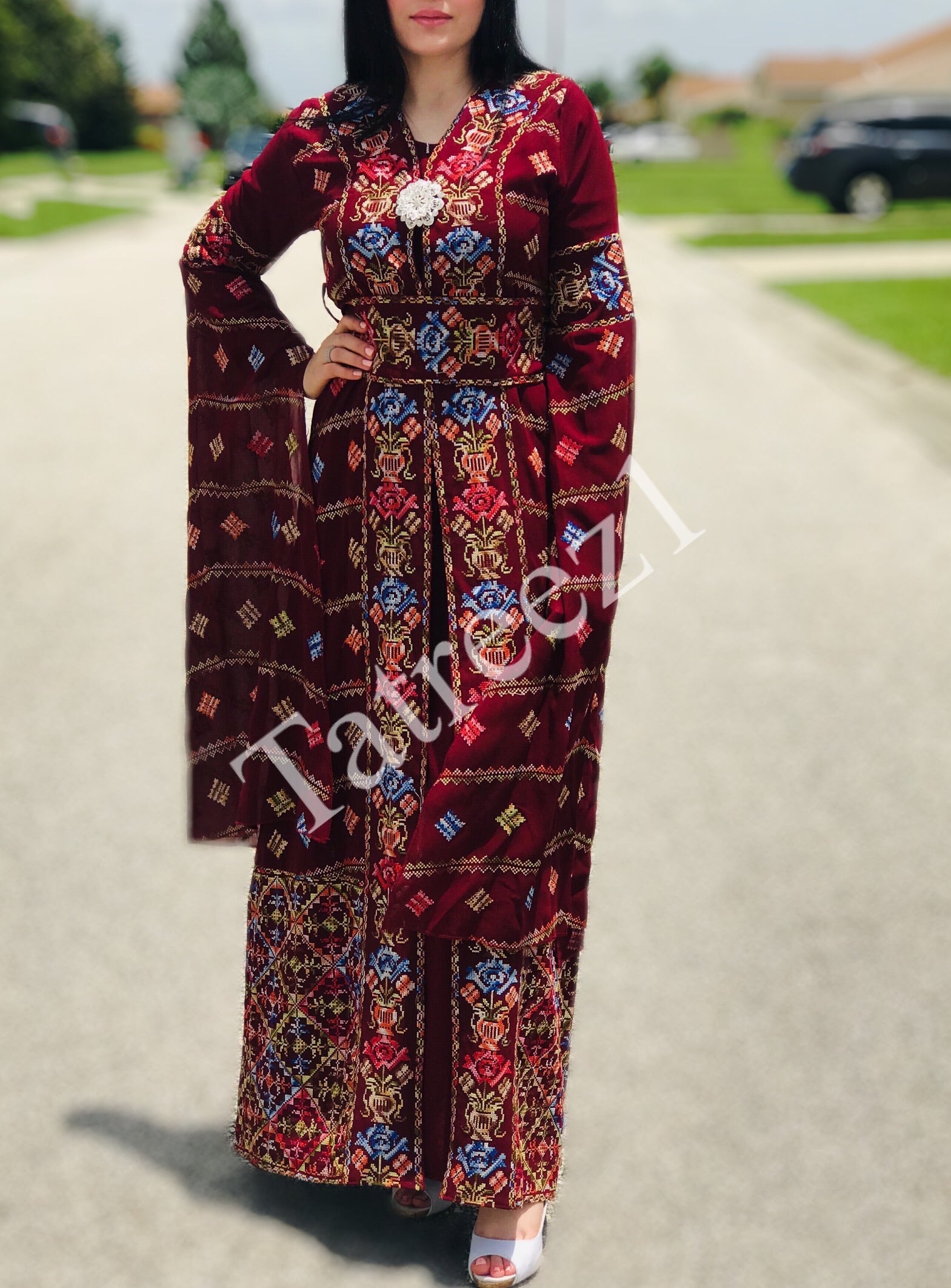 Modest Draped Sleeve flowers Embroidery 2 PC Dress