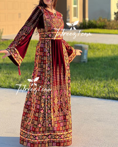 Beautiful Maroon Velvet Embroidery Stone Thoub