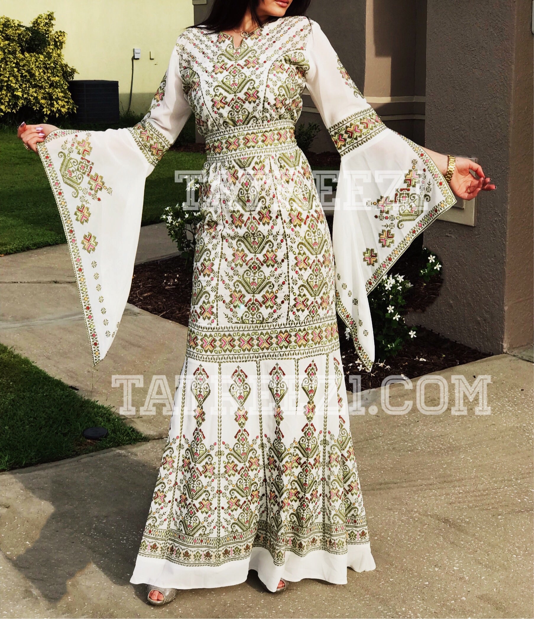 Miss Princess Off White With Green Embroidery Long Thoub Dress