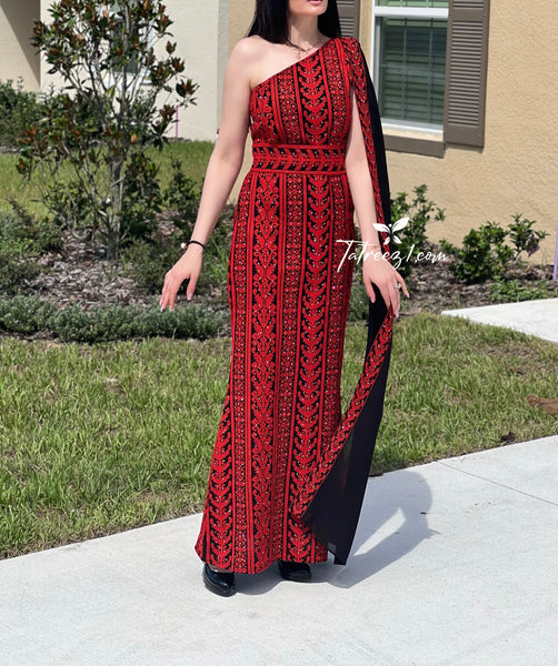 Stunning Red Carpet One Shoulder Fully Embroidery Long Dress Tatreez1 Stunning Red Carpet One Shoulder Fully Embroidery Long Dress Tatreez1
