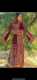 Load image into Gallery viewer, Maroon Elegant Palestinian Embroidered  Rhinestones Henna Thobe Dress

