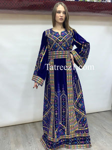 Blue Embroidery Velvet Stones  Long Thoub