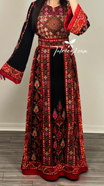 Load image into Gallery viewer, Red Traditional  Thoub  Embroidery Stone  Thobe with Matching Embroidery Belt
