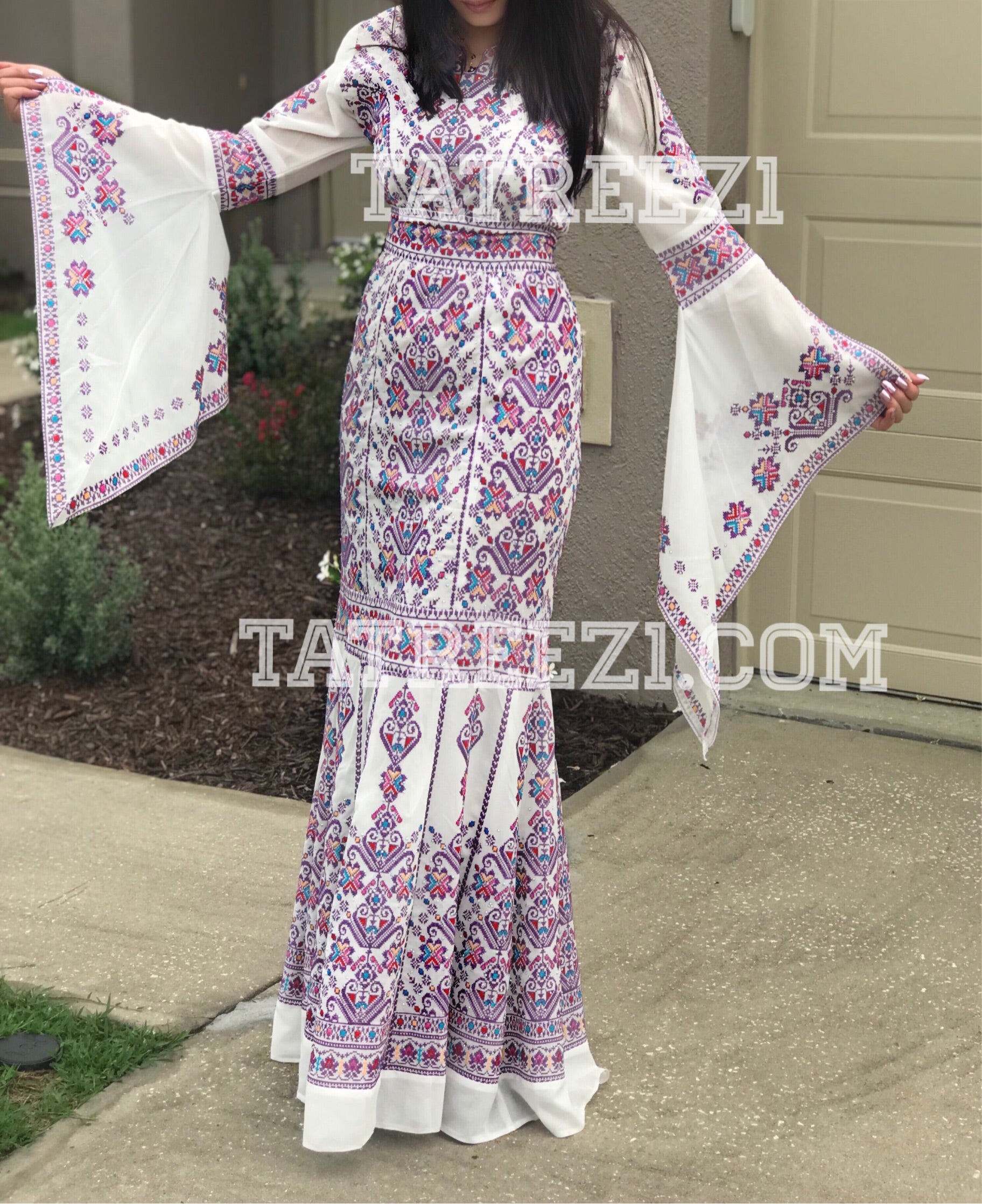 Miss Princess Off White With Purple Embroidery Long Thoub Dress