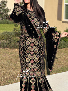 Black Luxury Mermaid Gold Embroidery Velvet Thoub