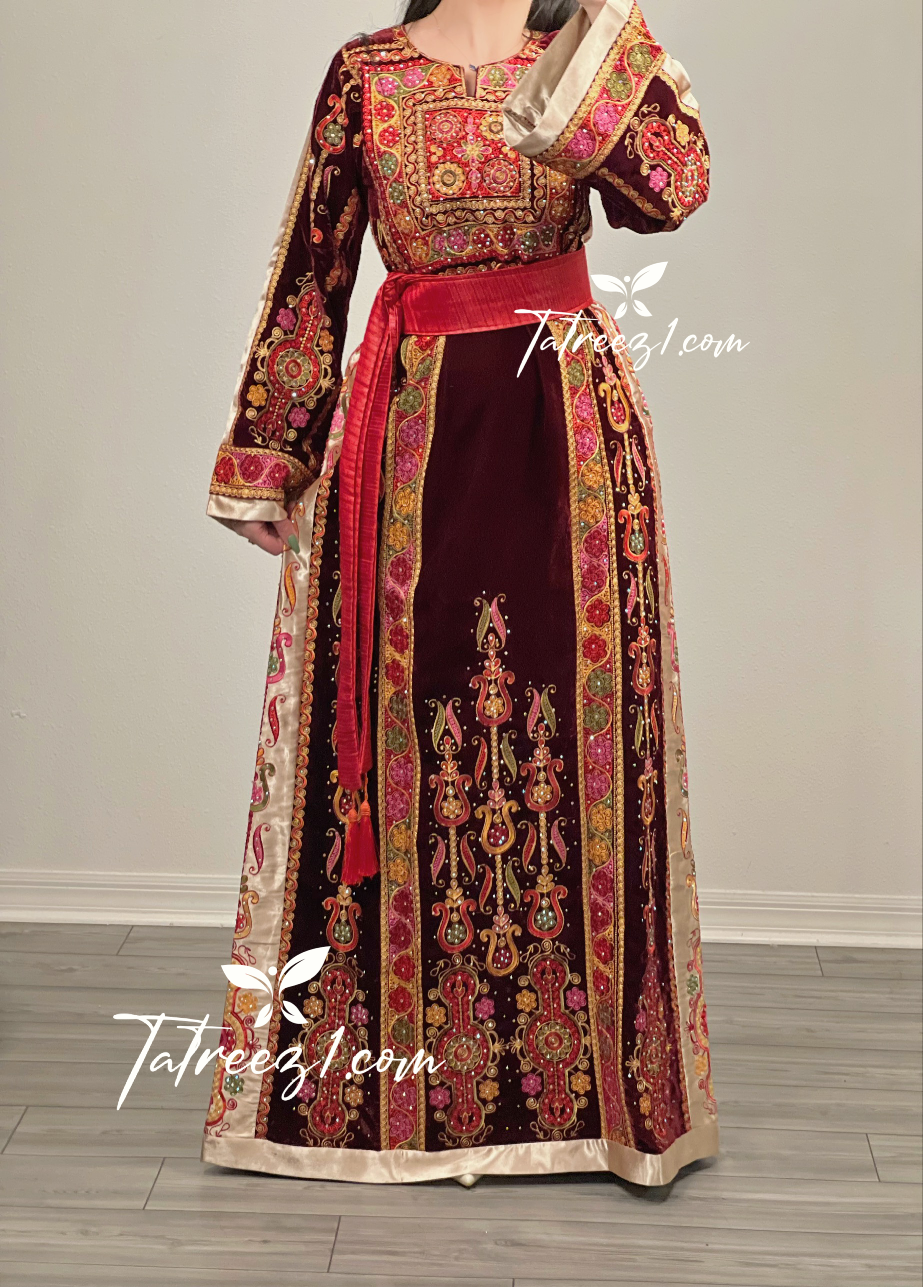 Th Maroon Velvet Malacca Embroidered Palestinian Fellahi Thobe